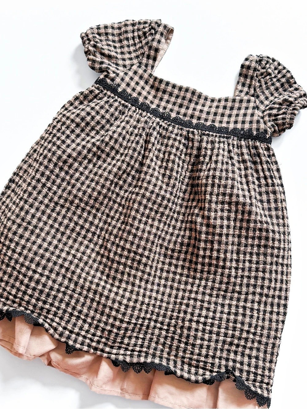 Girls Gingham Ruffle Dress in Brown & Black Like New